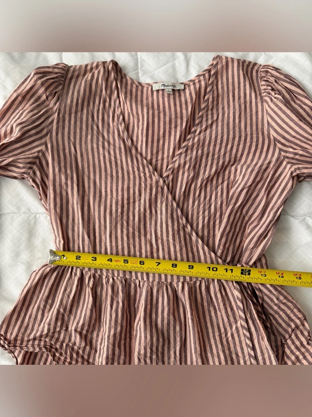Madewell Puff Sleeve Peplum Wrap Top S Pink Stripes Cotton Preppy Peasant Boho